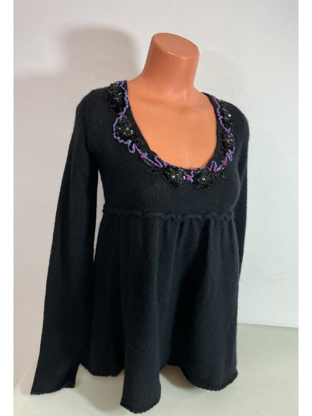 Free People Lambswool Sweater Babydoll Cutout Back Beaded Trim Womens Medium